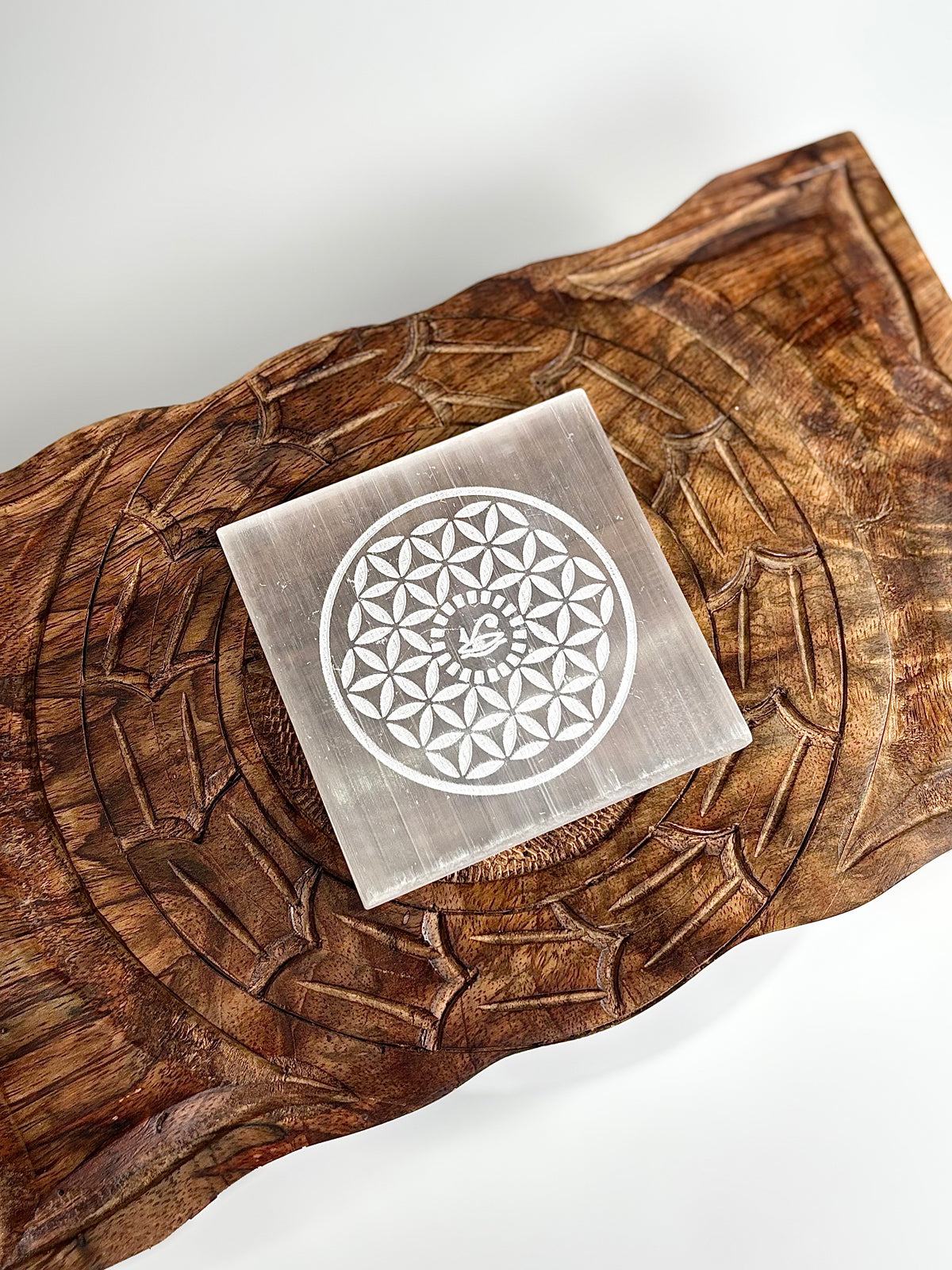 Flower of Life & Eye of Horus Selenite Square Plate