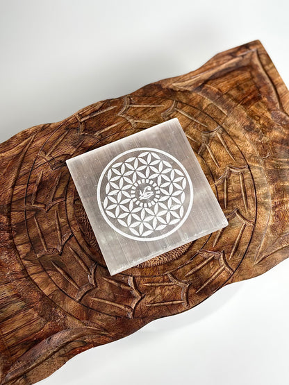 Flower of Life & Eye of Horus Selenite Square Plate