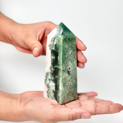 Four Facet Moss Agate Tower – 315g - Nature-Inspired Calm & Grounded Beauty