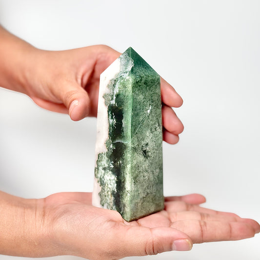 Four Facet Moss Agate Tower – 315g - Nature-Inspired Calm & Grounded Beauty