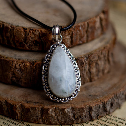 Rainbow moonstone Pendant with Black Cord | Cultivates Compassion & empathy