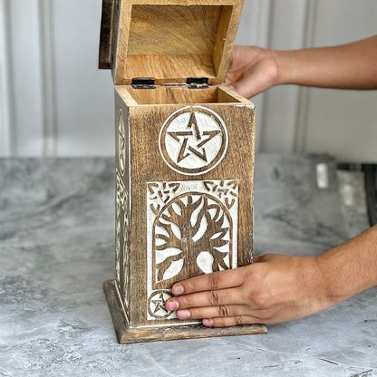 Vintage-Style Wooden Herb Chest with Pentacle Carving