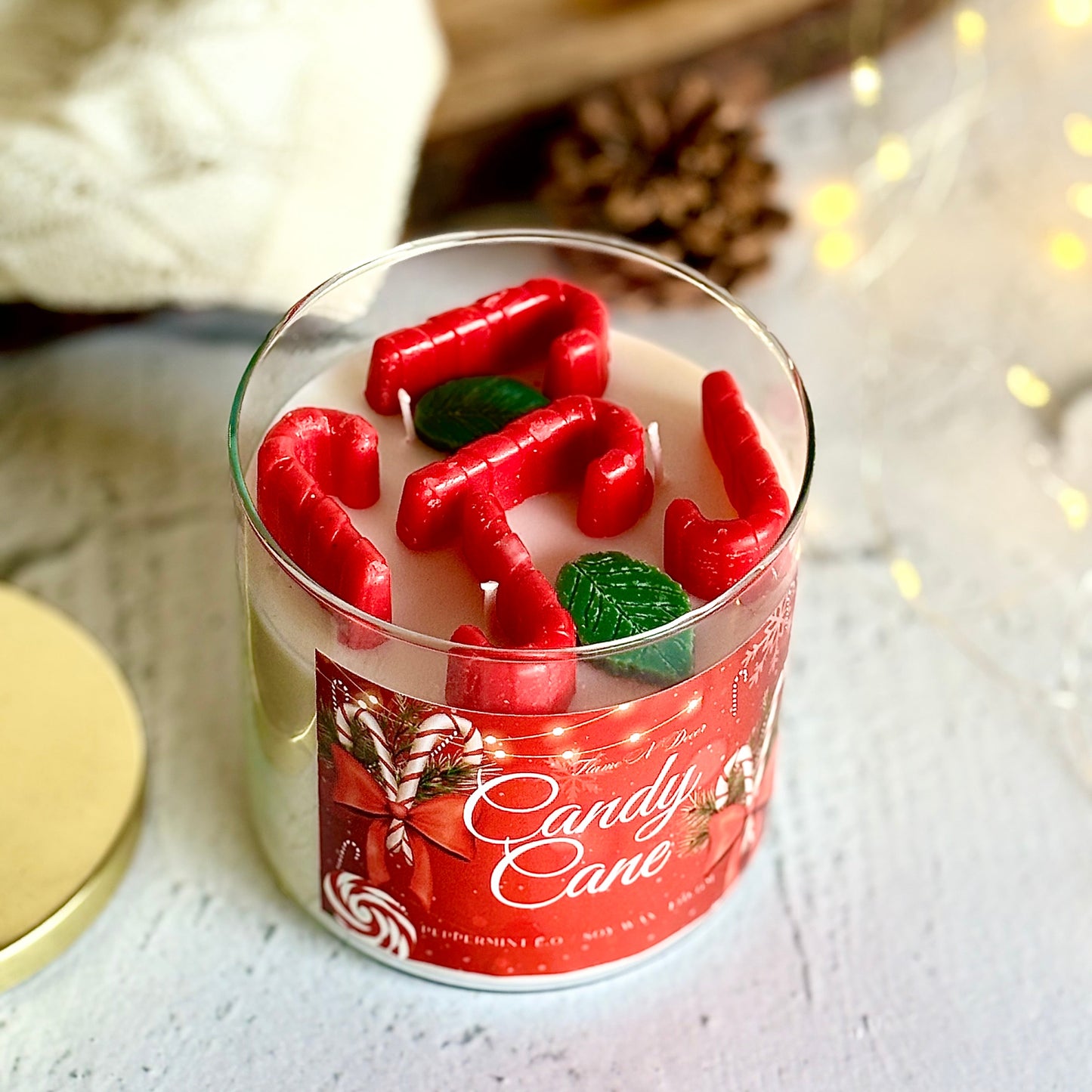 Candy Cane 3 wick Soy Candle with Golden Lid