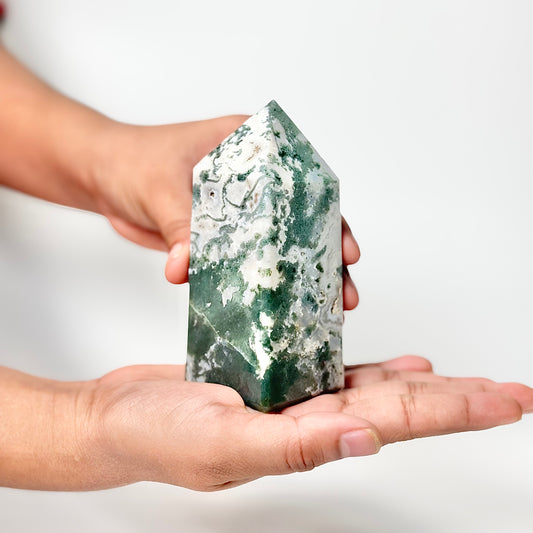 Four Facet Moss Agate Tower – 350g - Nature-Inspired Calm & Grounded Beauty
