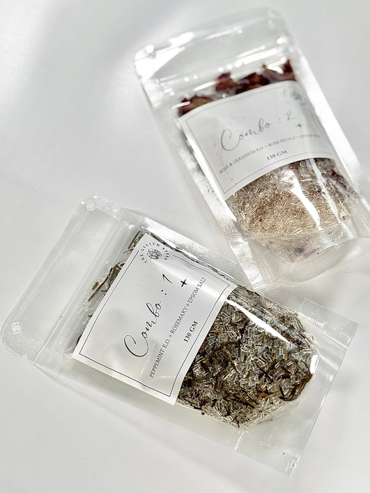 Peppermint + Rosemary & Rose Essential Oil + Rose petals Epsom Salt Combo - Set of 2