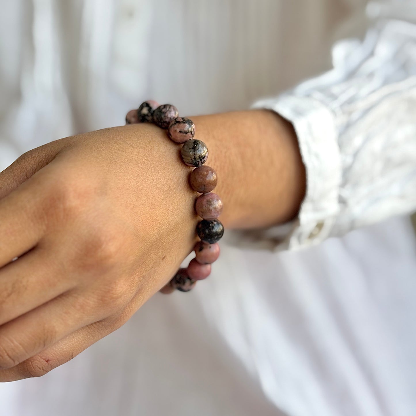 Rhodonite Bead Bracelet - 10mm | Attract love in general and promotes inner Peace