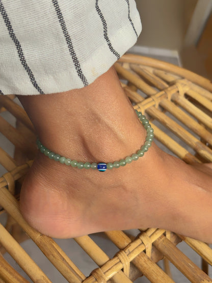 Green Aventurine with Evil Eye Bead Anklet - 4mm | Stone for financial abundance & Prosperity