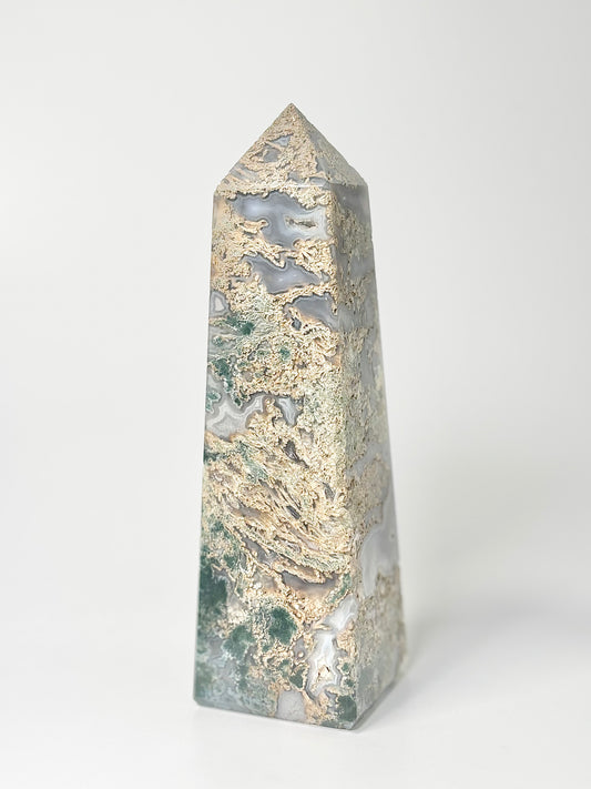 Four Facet Moss Agate Tower – 613g - Nature-Inspired Calm & Grounded Beauty