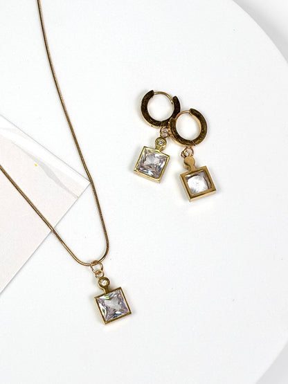 Crystal Square Pendant Necklace &amp; Hoop Earrings Set | Gold-Plated Stainless Steel | The Lilith Store
