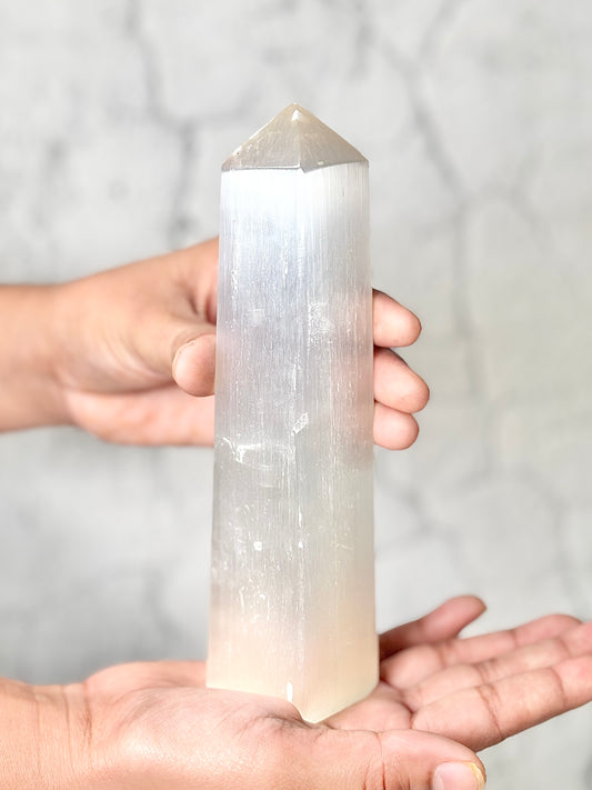 Four Facet Selenite Tower – 367g - Soft Glow & Balanced Form