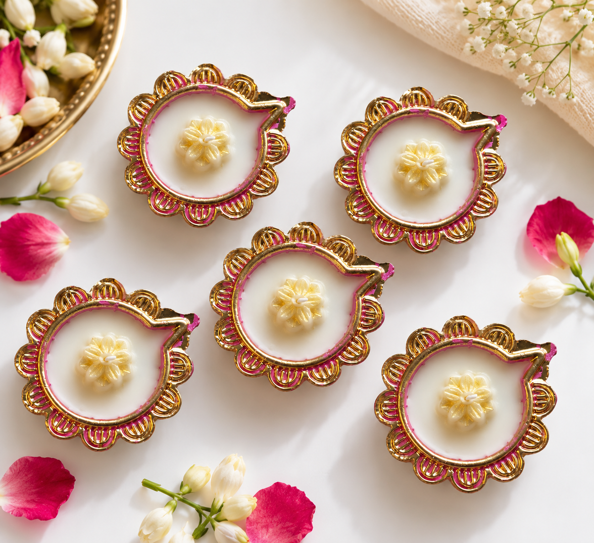 Golden Floral Scented Diya Candles – Set of 5