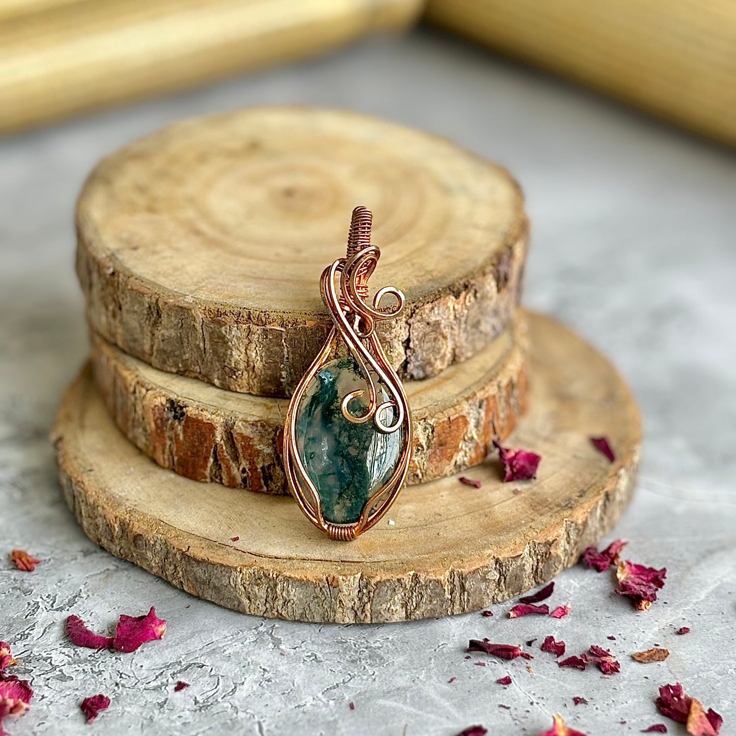 Moss Agate copper wire wrapped Pendant | Promotes wealth and business growth