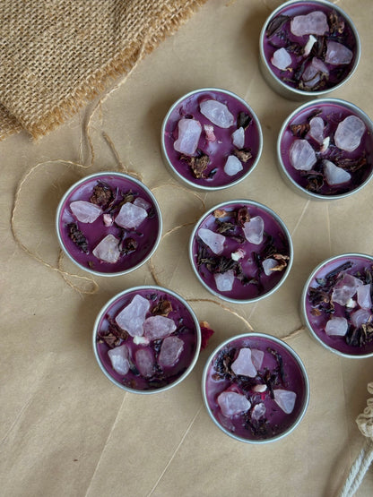 Magenta Soy Wax Tealight Candle with Rose Petals & Rose Quartz g)