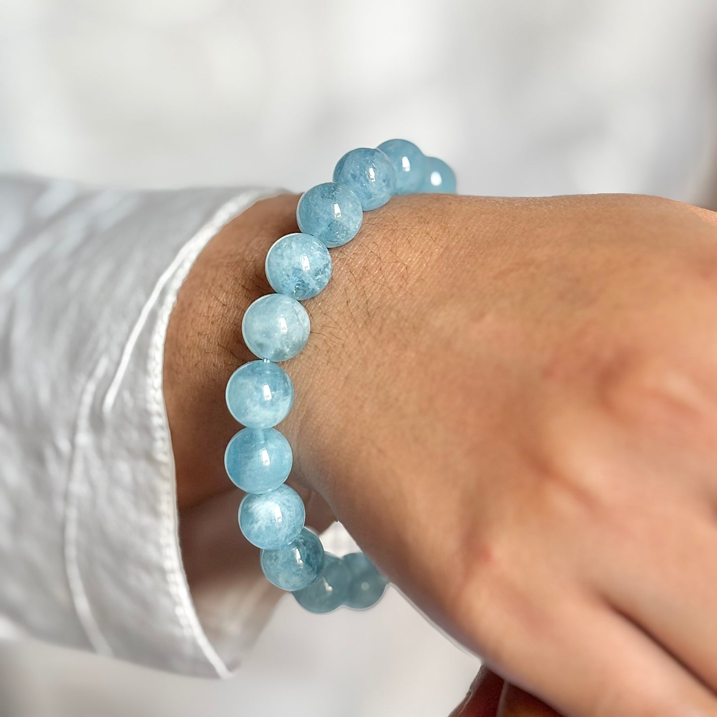 AAA Quality Aquamarine Bead Bracelet - 10mm | Helps in Overcoming fear of Speaking & Expressing