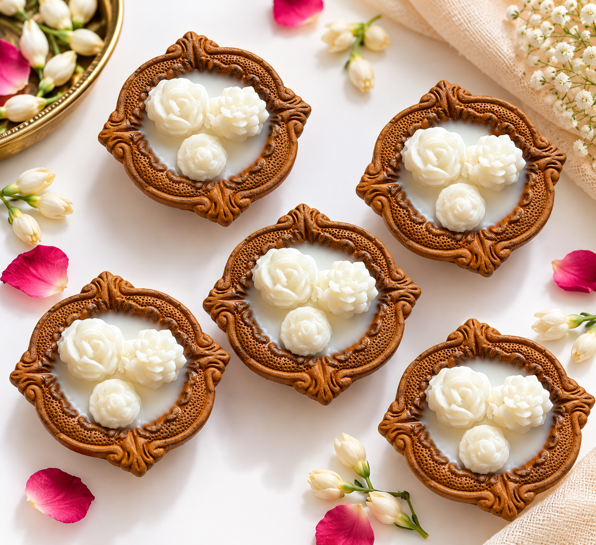 Floral Earthen Diya Soy Wax Candles – Set of 5