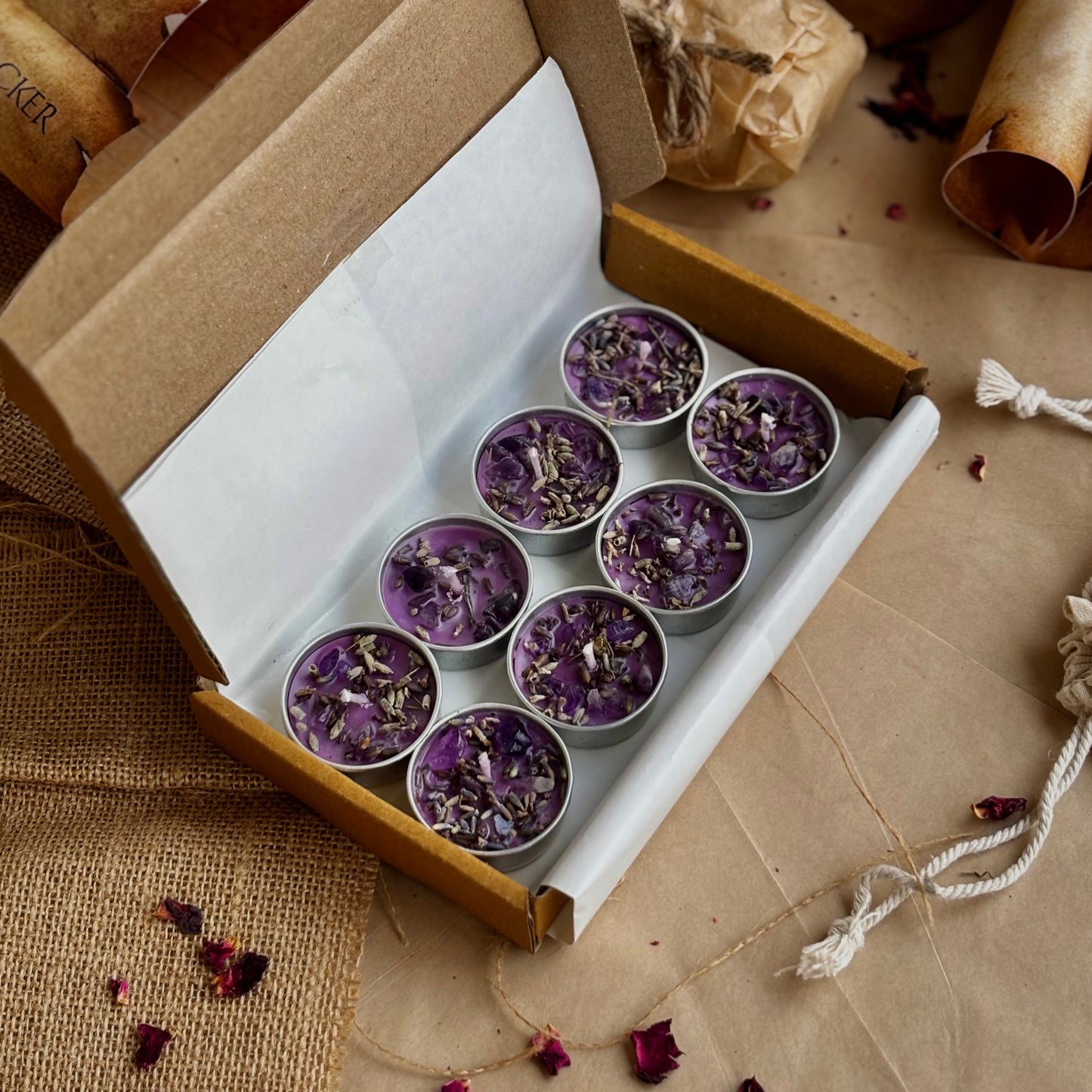 Lavender Soy Wax Tealight Candle with Lavender & Amethyst