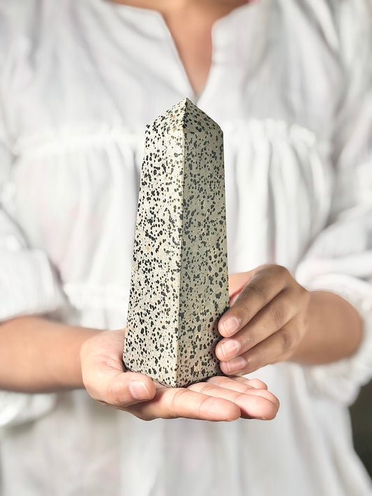 Dalmatian Jasper Four-Facet Tower - 590 Gm | Promotes Joy & Release Negativity