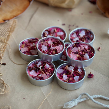 Pink Soy Wax Tealight Candle with Rose Petals & Rose Quartz