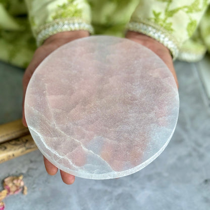 Selenite Crystal Charging Round Plate (Satin Spar Selenite) | Stone for Spiritual work & Cleansing