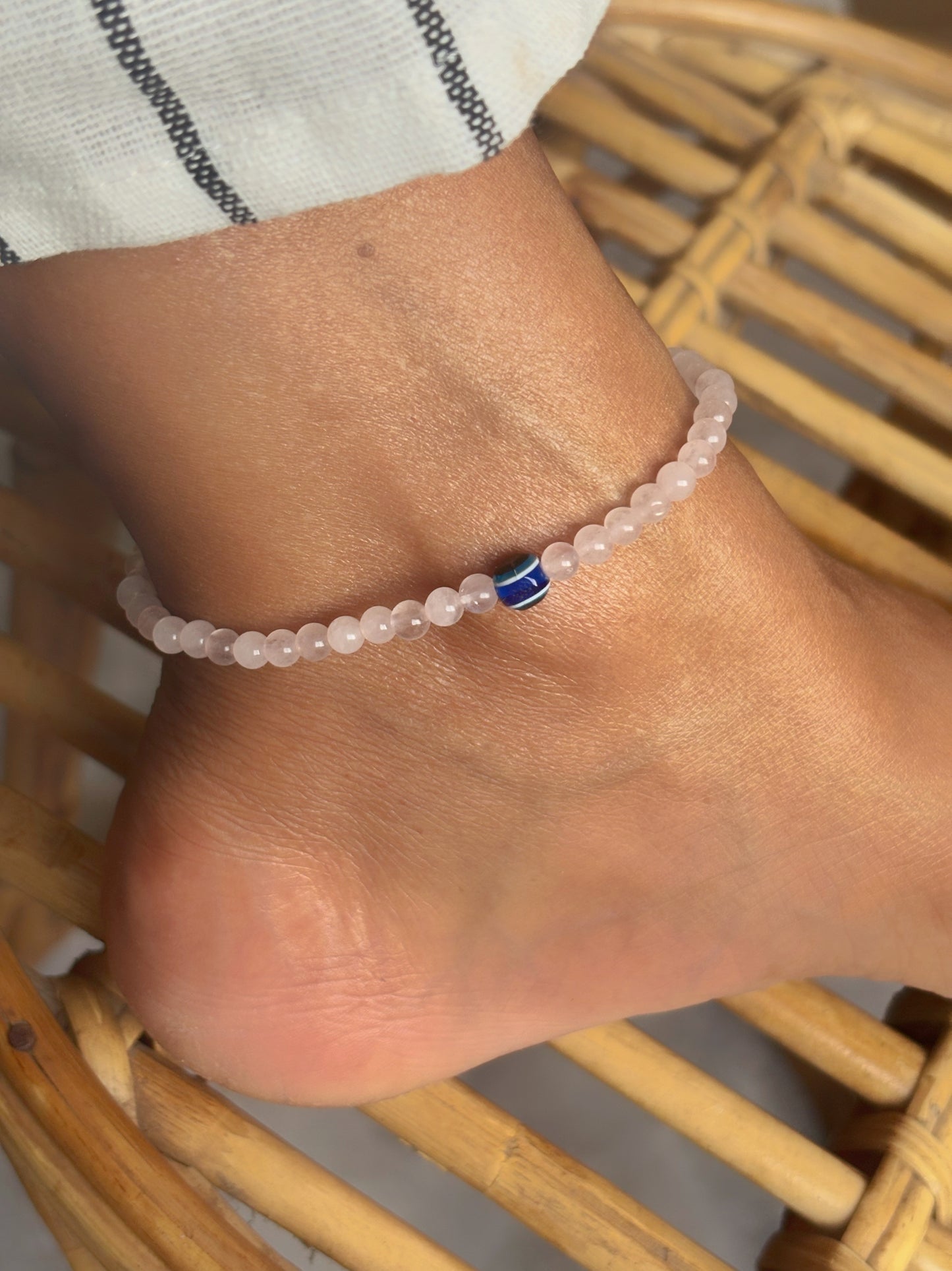 Rose Quartz with Evil Eye Bead Anklet - 4mm | Stone of Love & Self Love