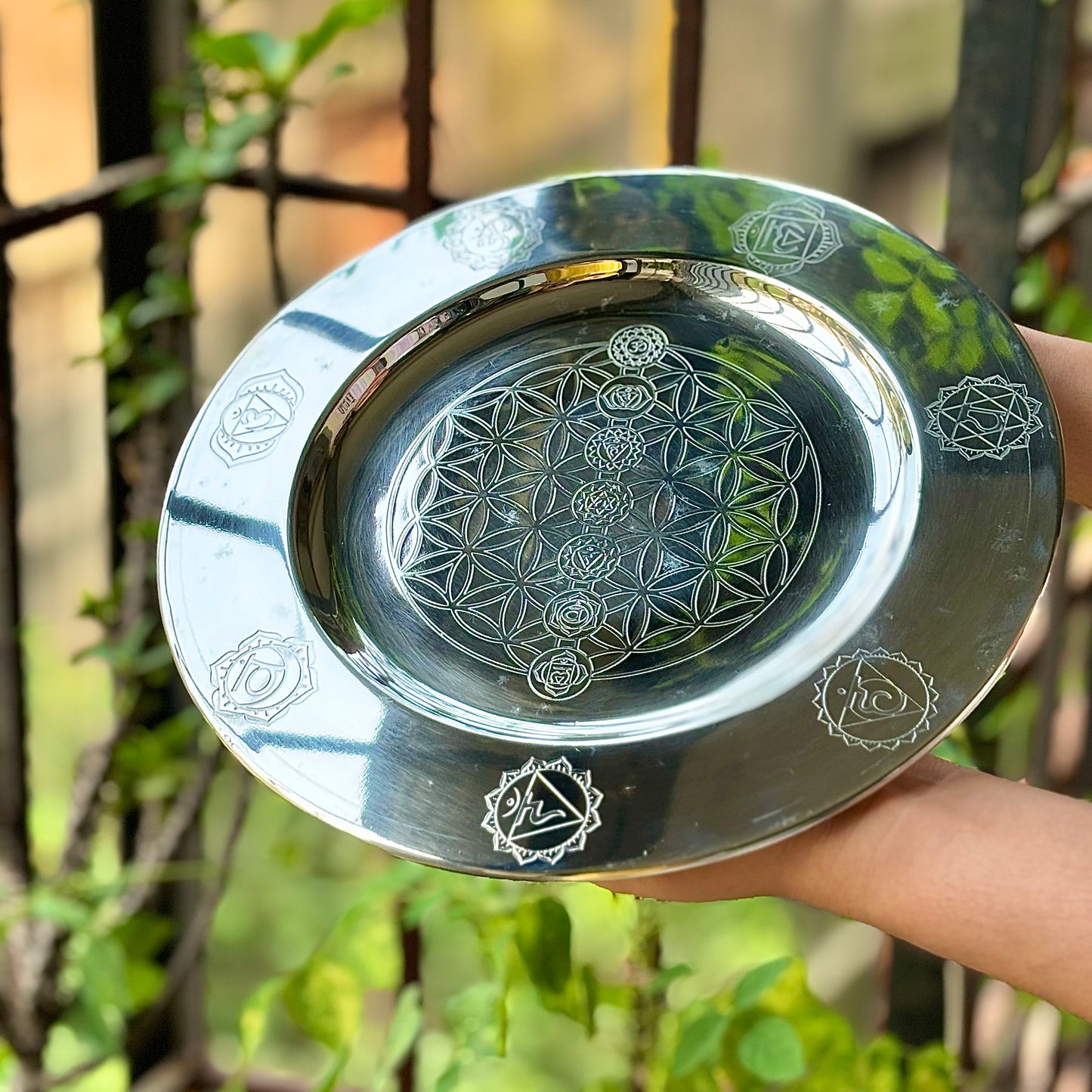 Chakra & Flower Carved Plate - Stainless Steel