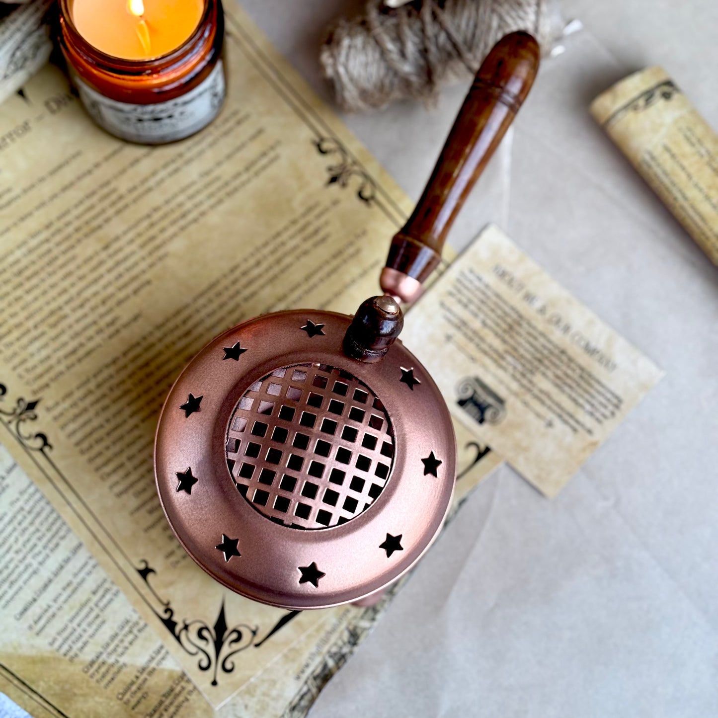 Star Crafted Iron Incense Burner with Rose Gold finish & Wooden Handle