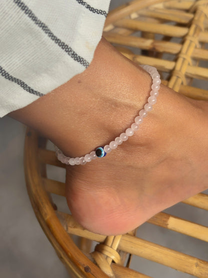 Rose Quartz with Evil Eye Bead Anklet - 4mm | Stone of Love & Self Love