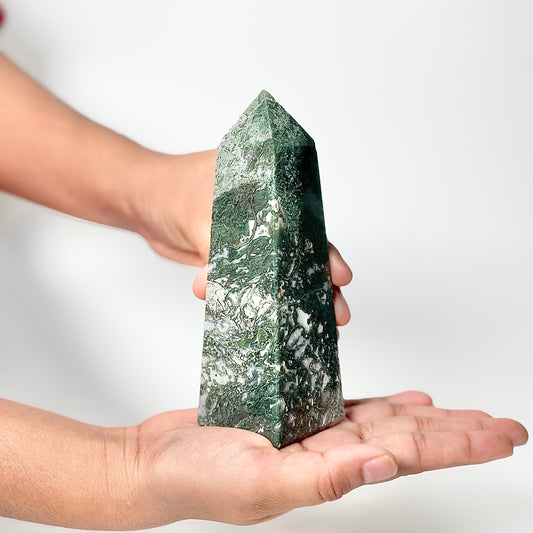 Four Facet Moss Agate Tower – 390g - Nature-Inspired Calm & Grounded Beauty
