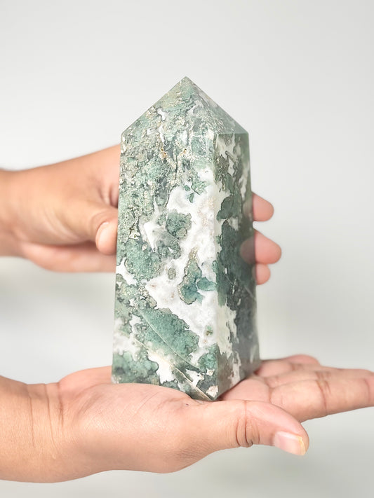 Four Facet Moss Agate Tower – 600g - Nature-Inspired Calm & Grounded Beauty