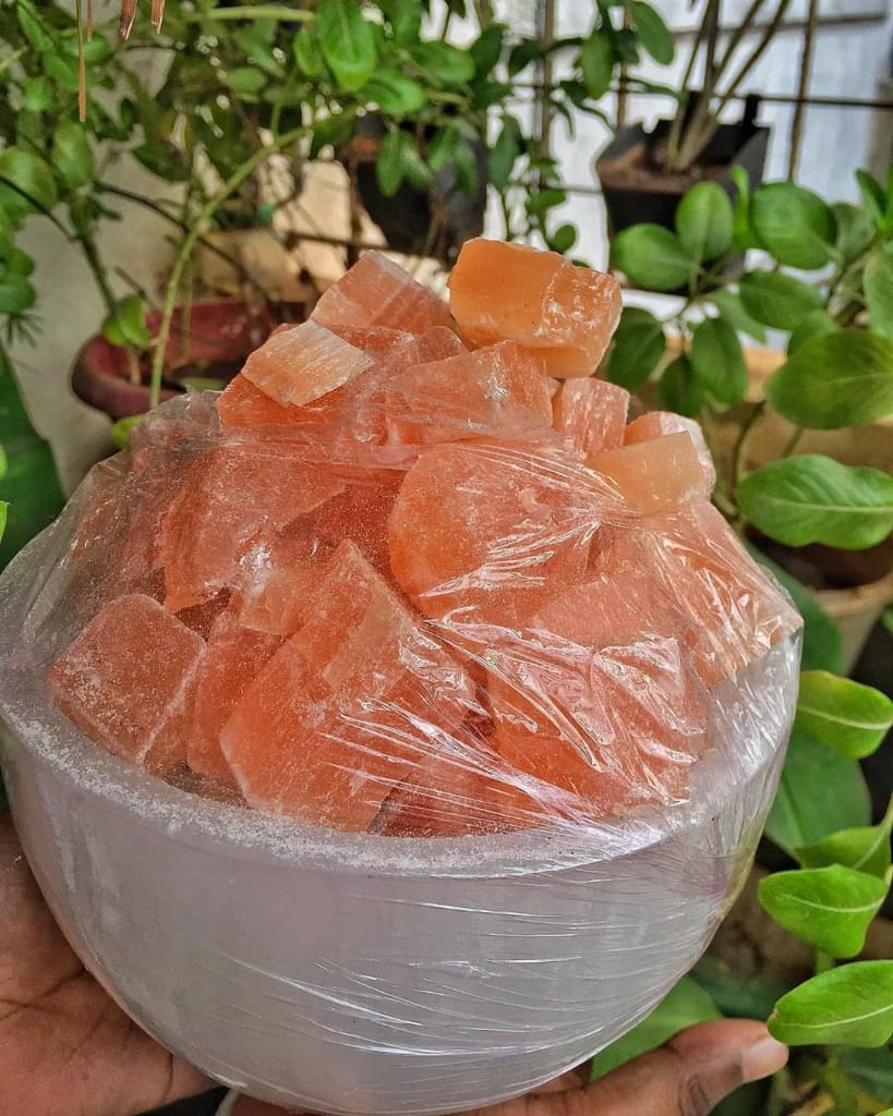 Selenite Fire Lamp | Bowl Filled With Orange Rock Crystal