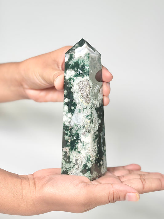Four Facet Moss Agate Tower – 357g - Nature-Inspired Calm & Grounded Beauty