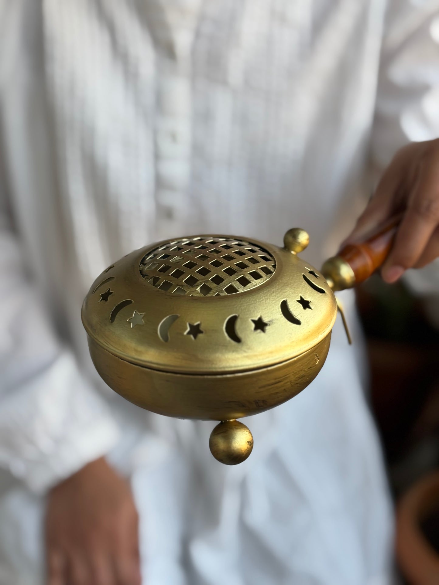 Crescent Moon & Stars Iron Incense Holder with Gold finish and wooden handle