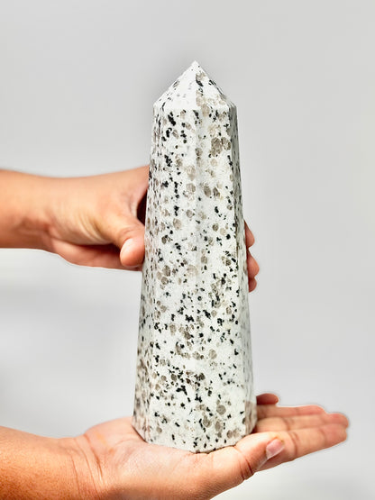 Eight Facet Indian Dalmatian Jasper Tower – 1.1 Kg - (A) Playful Elegance & Balanced Design