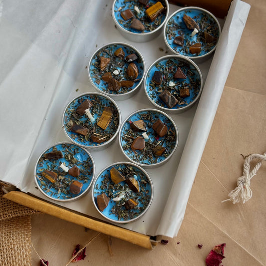 Blue Soy Wax Tealight Candle with Peppermint & Tiger’s Eye