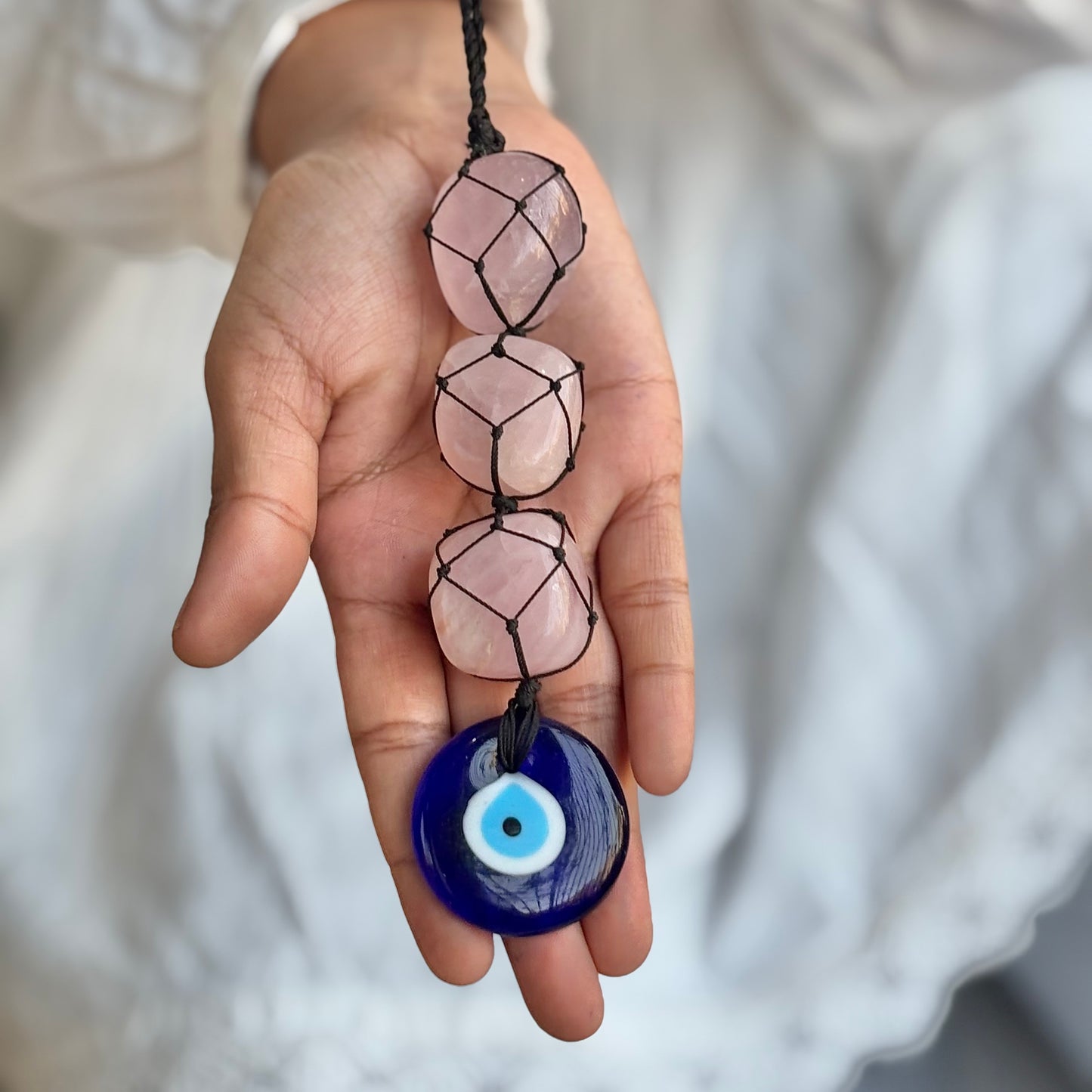 Rose Quartz with Evil Eye Door Hanging | Hanger | Dangler - Stone of Love & Self Love