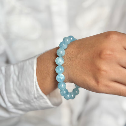 AAA Quality Aquamarine Bead Bracelet - 10mm | Helps in Overcoming fear of Speaking & Expressing