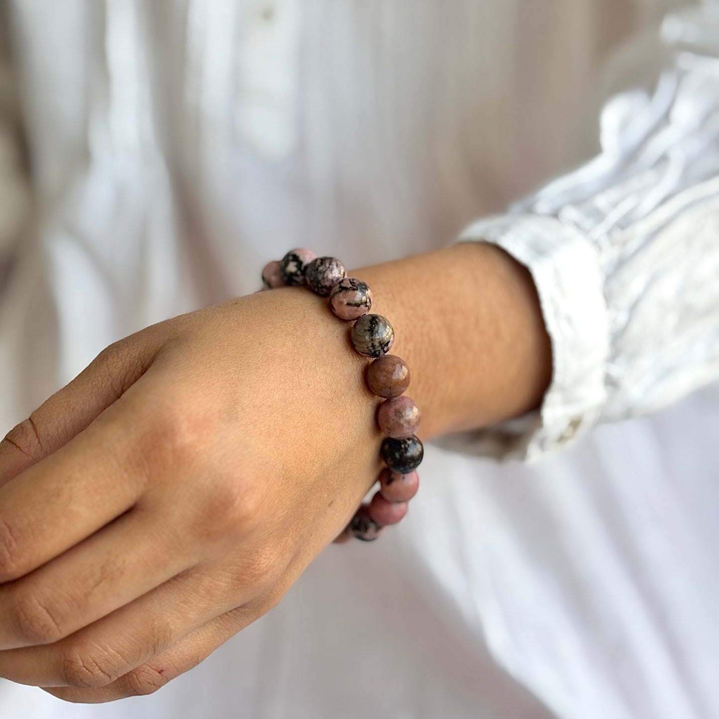 Rhodonite Bead Bracelet - 10mm | Attract love in general and promotes inner Peace