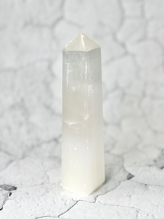 Four Facet Selenite Tower – 367g - Soft Glow & Balanced Form