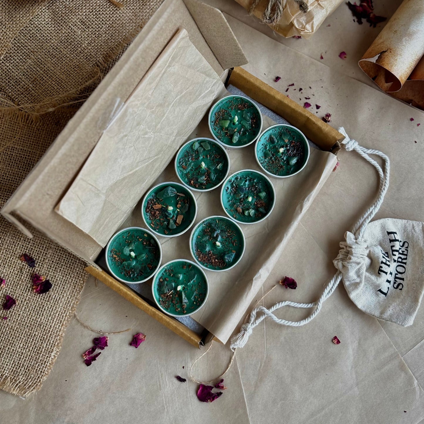 Green Soy Wax Tealight Candle with Cinnamon & Green Aventurine