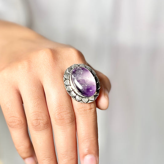 Amethyst Oxidised Crystal Ring | Helps activating Third Eye & Psychic abilities