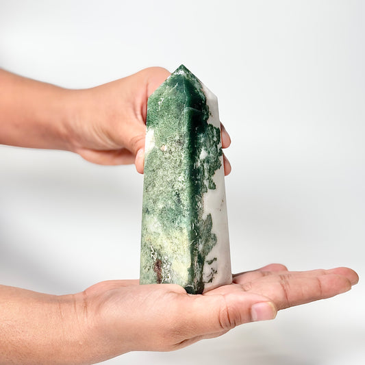 Four Facet Moss Agate Tower – 338g - Nature-Inspired Calm & Grounded Beauty