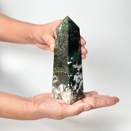 Four Facet Moss Agate Tower – 500g - Nature-Inspired Calm & Grounded Beauty