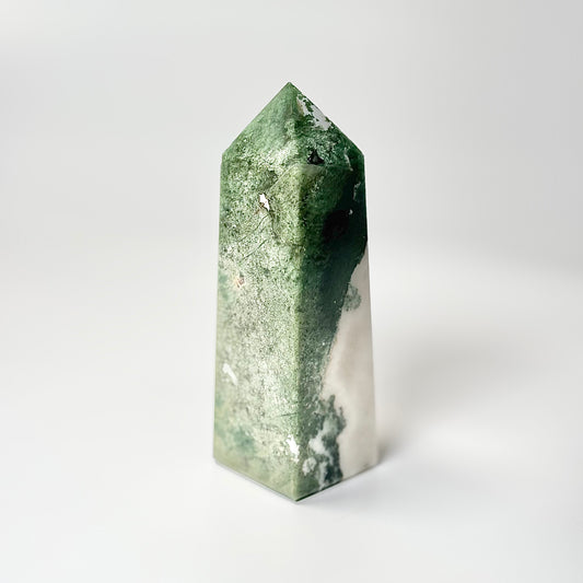 Four Facet Moss Agate Tower – 340g - Nature-Inspired Calm & Grounded Beauty
