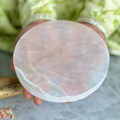 Selenite Crystal Charging Round Plate (Satin Spar Selenite) | Stone for Spiritual work & Cleansing