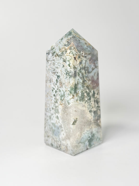 Four Facet Moss Agate Tower – 605g - Nature-Inspired Calm & Grounded Beauty