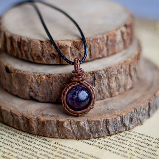 Amethyst Copper wire Pendant with Black Cord | Stone for activating Third Eye