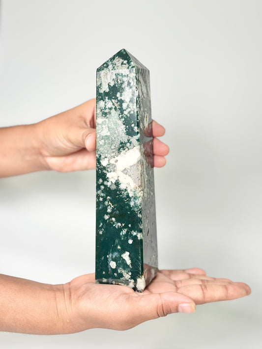 Four Facet Moss Agate Tower – 750g - Nature-Inspired Calm & Grounded Beauty