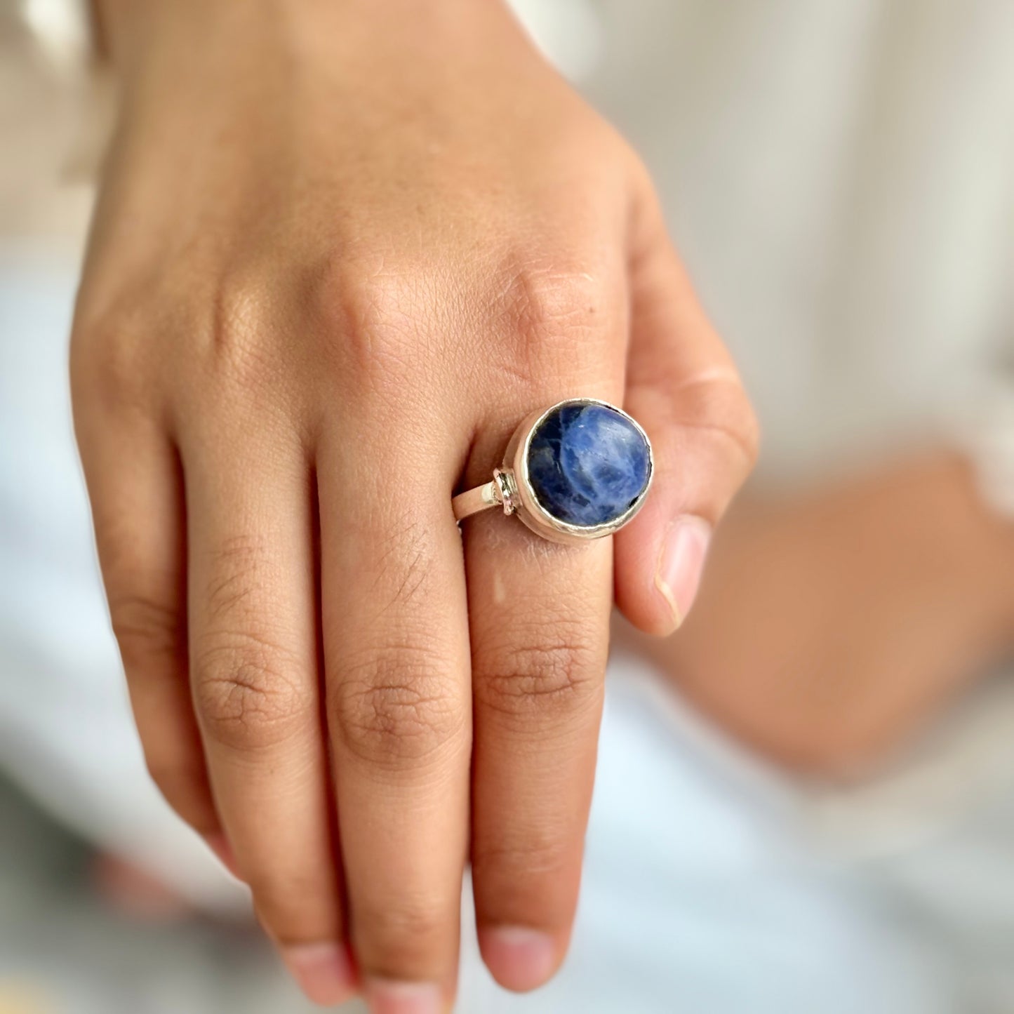 Sodalite fine Silver Adjustable Ring | Communication & Expression