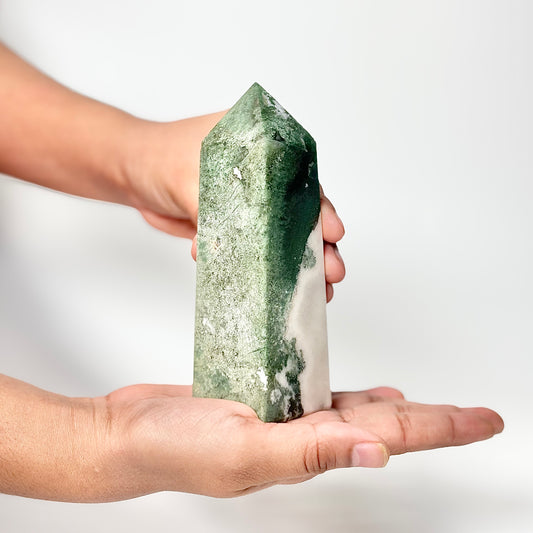 Four Facet Moss Agate Tower – 340g - Nature-Inspired Calm & Grounded Beauty