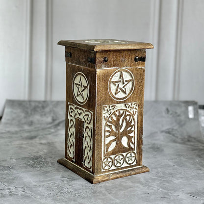 Vintage-Style Wooden Herb Chest with Pentacle Carving